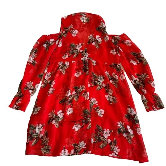 NWT Miss Selfridge Red Floral Cold Shoulder Mini Dress US 6 - Picture 2 of 8